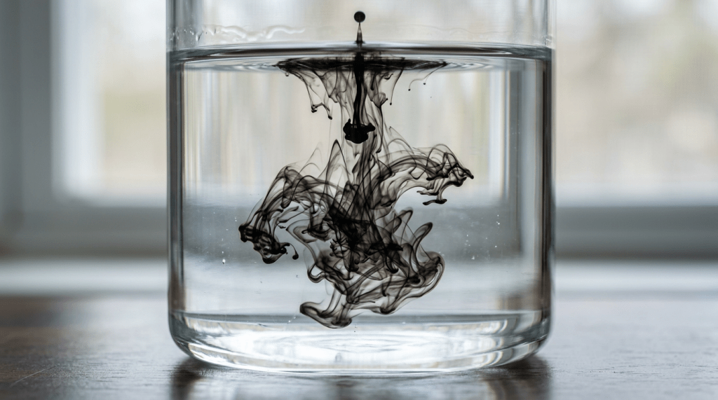 Black ink swirling and mixing in clear water inside a glass container